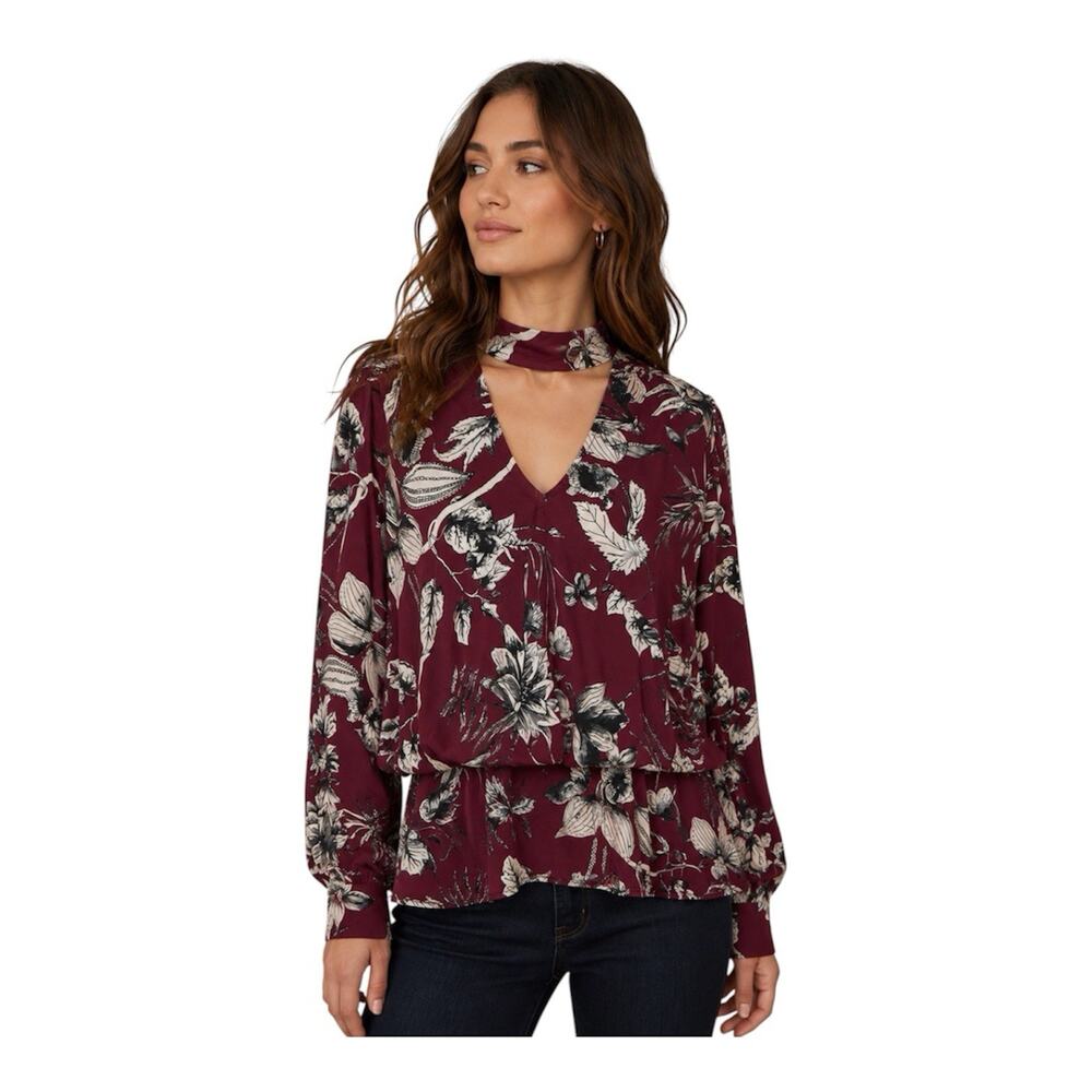 Parker Womens Silk Floral Keyhole Neck Blouse Boho Burgundy Artsy Romantic Sz M